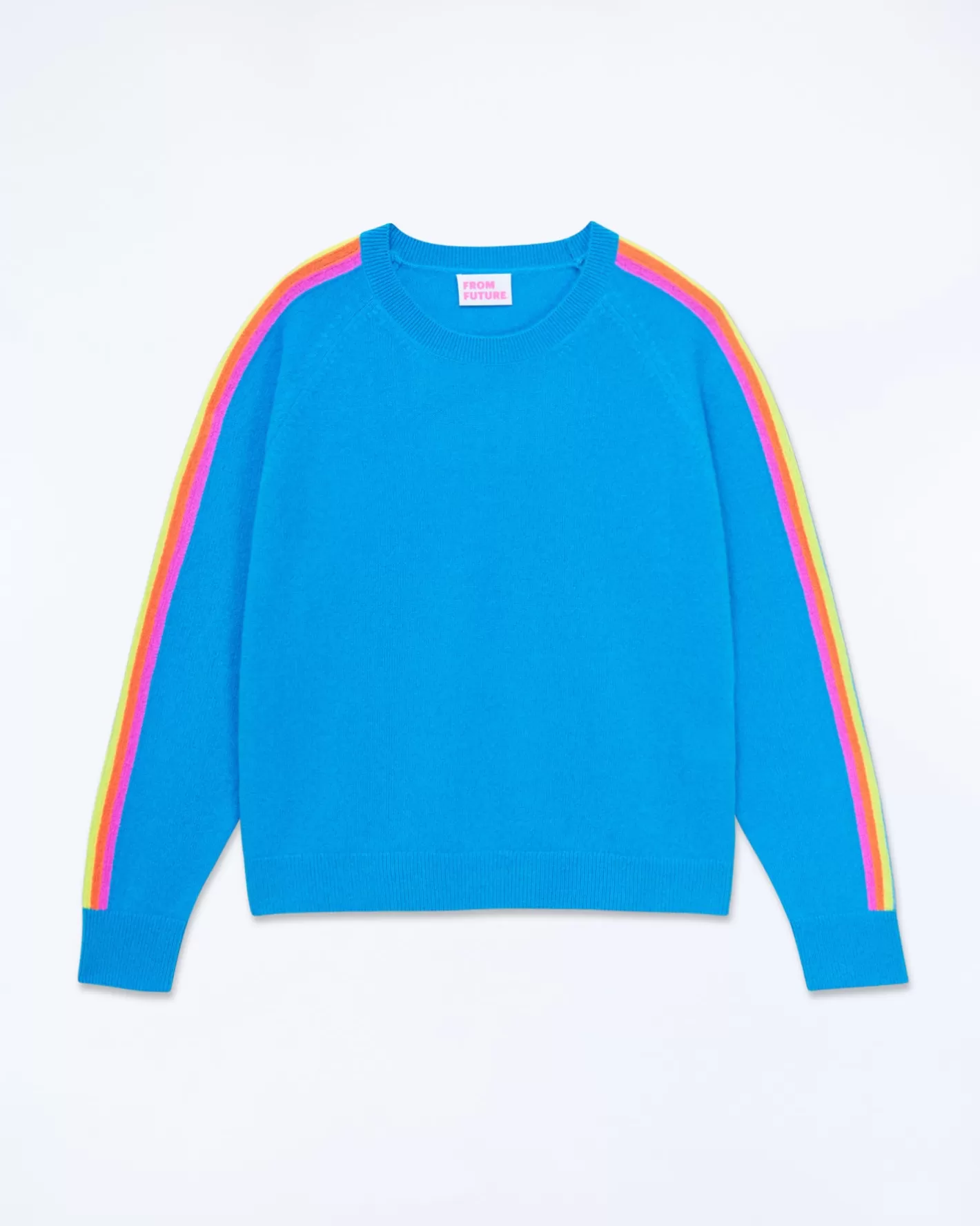 FROM FUTURE Pulls En Cachemire | Cols Ronds Cachemire | Pull Col Rond Bande Multicolore Aux Manches Tropical Blue