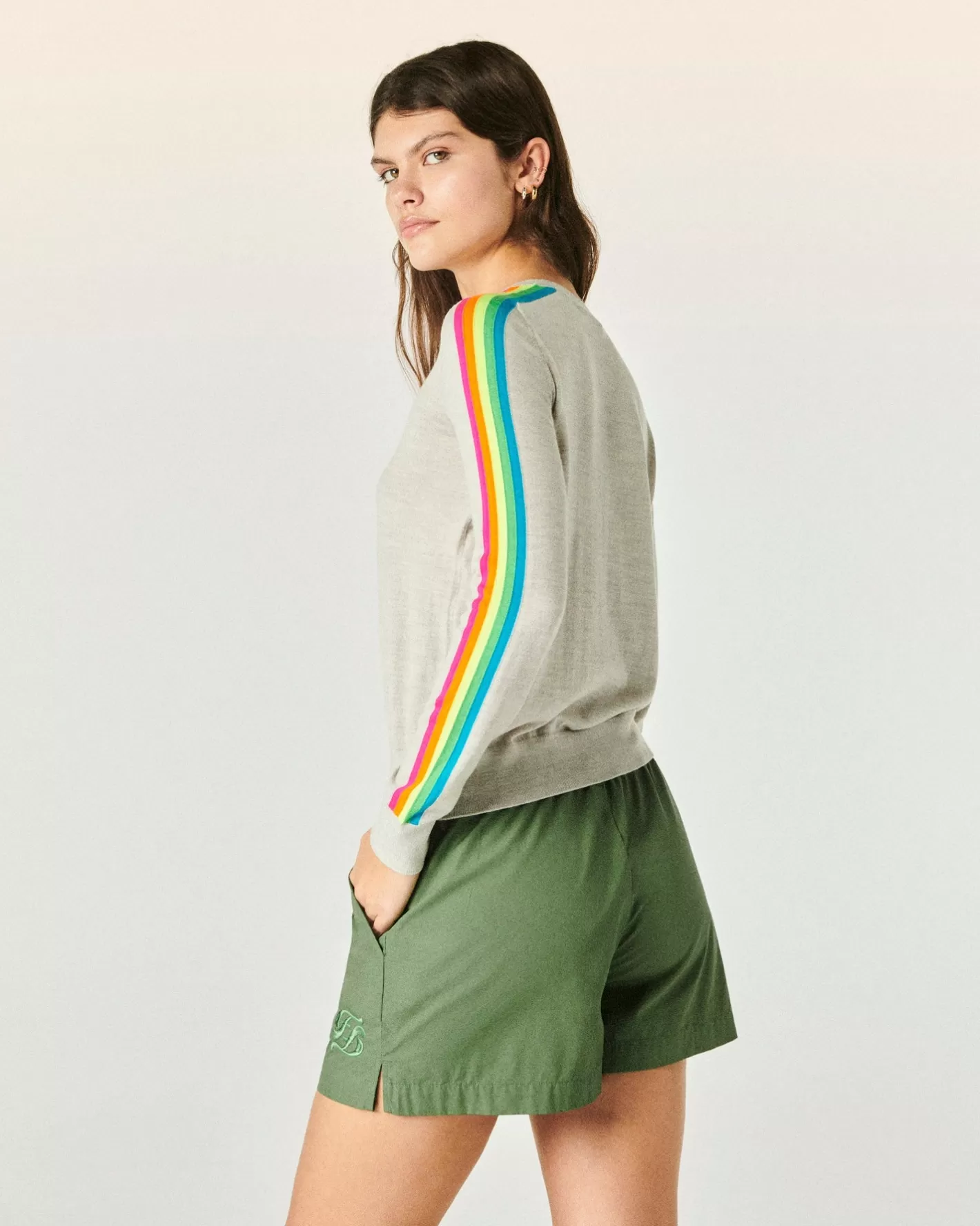 FROM FUTURE Pulls En Laine Mérinos | Pull Col Rond Bande Multicolore Aux Manches Gris Chiné Clair