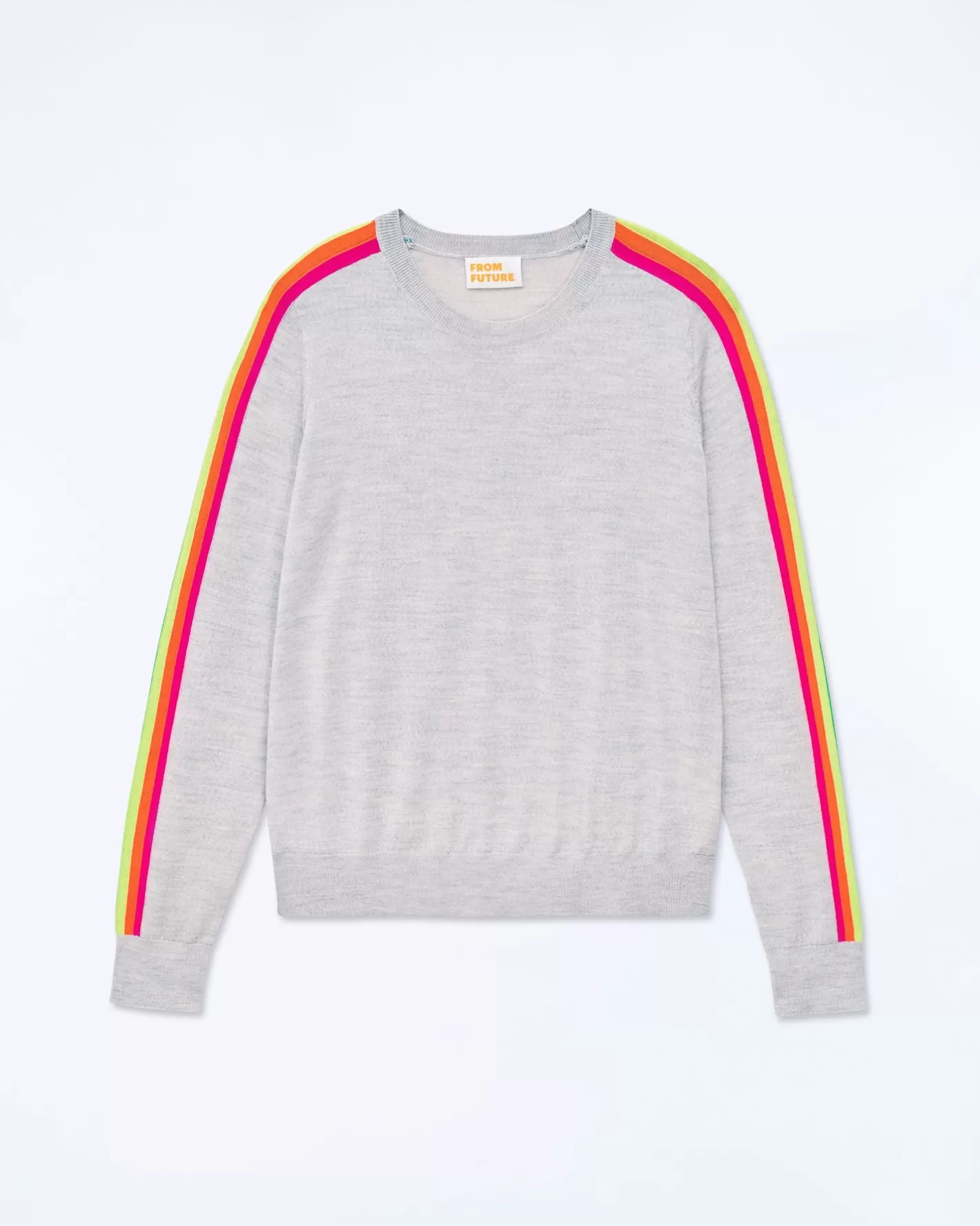 FROM FUTURE Pulls En Laine Mérinos | Pull Col Rond Bande Multicolore Aux Manches Gris Chiné Clair