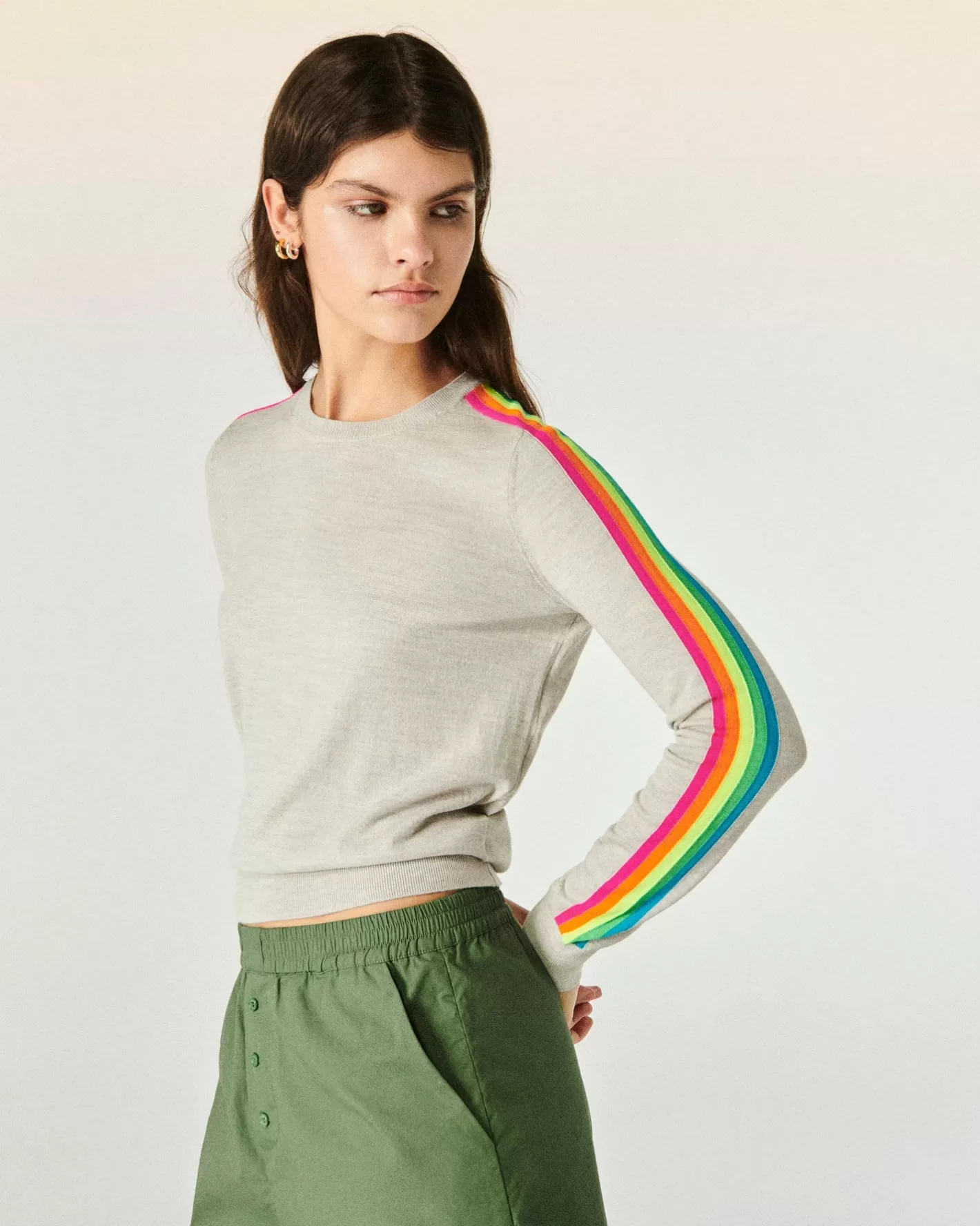 FROM FUTURE Pulls En Laine Mérinos | Pull Col Rond Bande Multicolore Aux Manches Noir