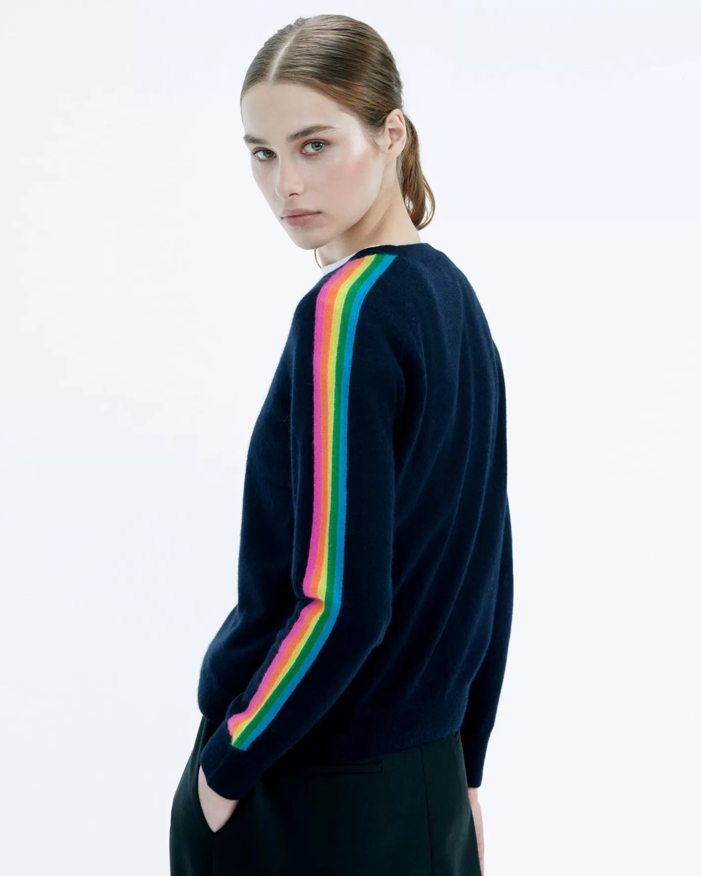 FROM FUTURE Pulls En Cachemire | Cols Ronds Cachemire | Pull Col Rond Bande Multicolore Aux Manches Tropical Blue