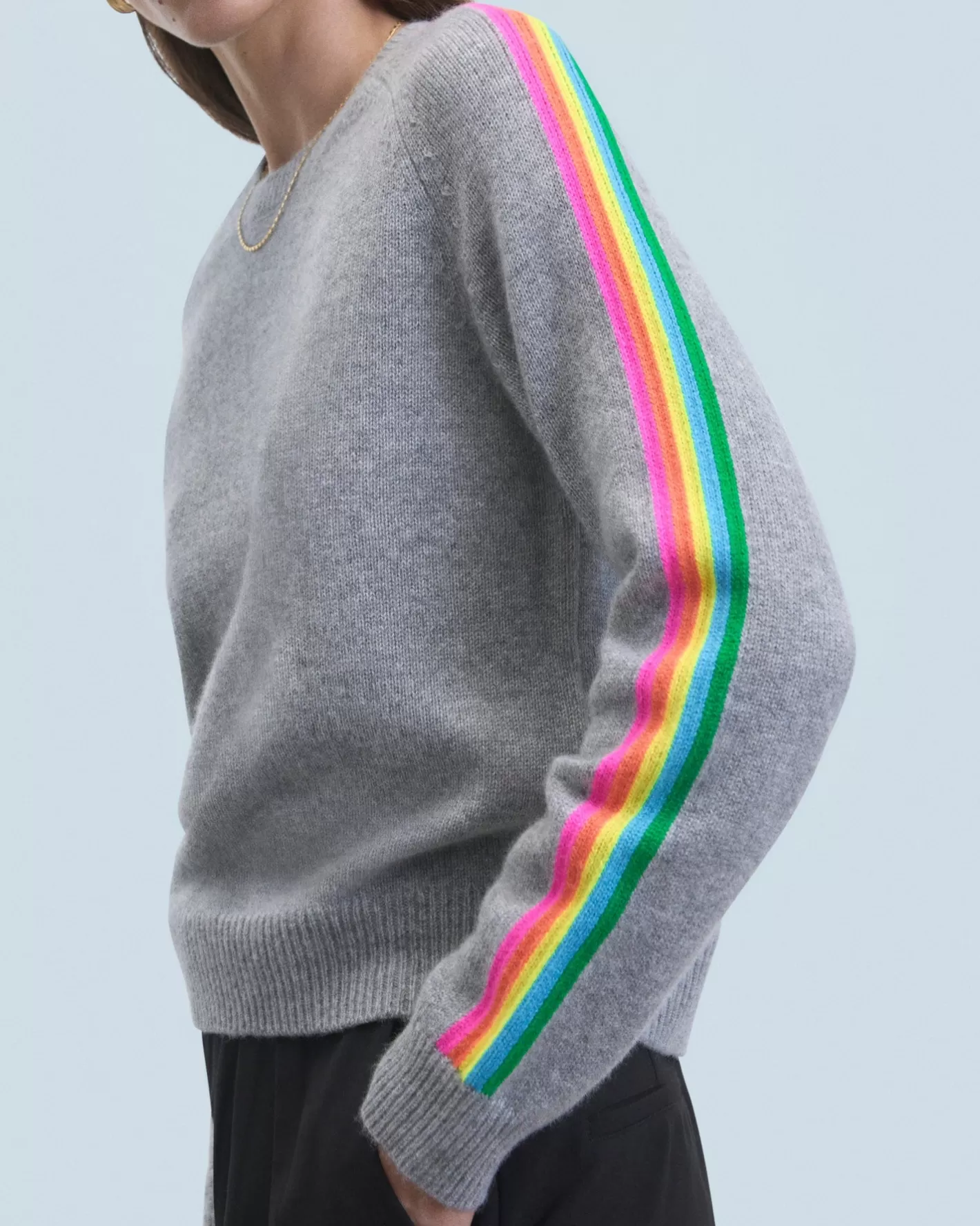 FROM FUTURE Pulls En Cachemire | Cols Ronds Cachemire | Pull Col Rond Bandes Manches Multicolore Gris Chiné Foncé