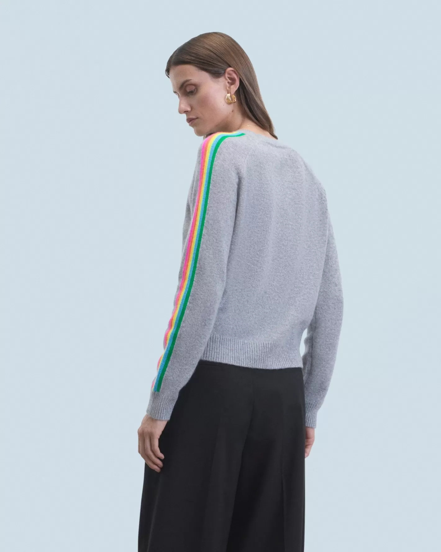 FROM FUTURE Pulls En Cachemire | Cols Ronds Cachemire | Pull Col Rond Bandes Manches Multicolore Gris Chiné Foncé