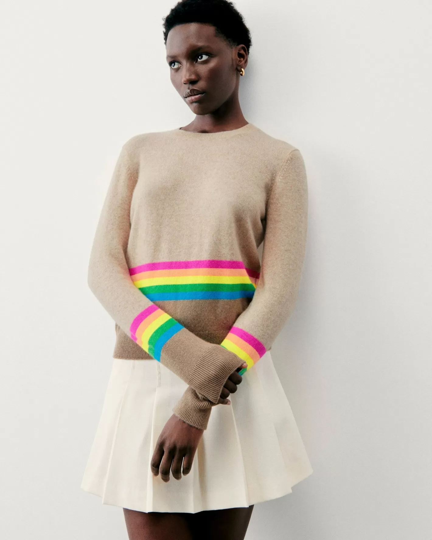 FROM FUTURE Pulls En Cachemire | Cols Ronds Cachemire | Pull Col Rond Bas à Bandes Multicolores Beige Chiné