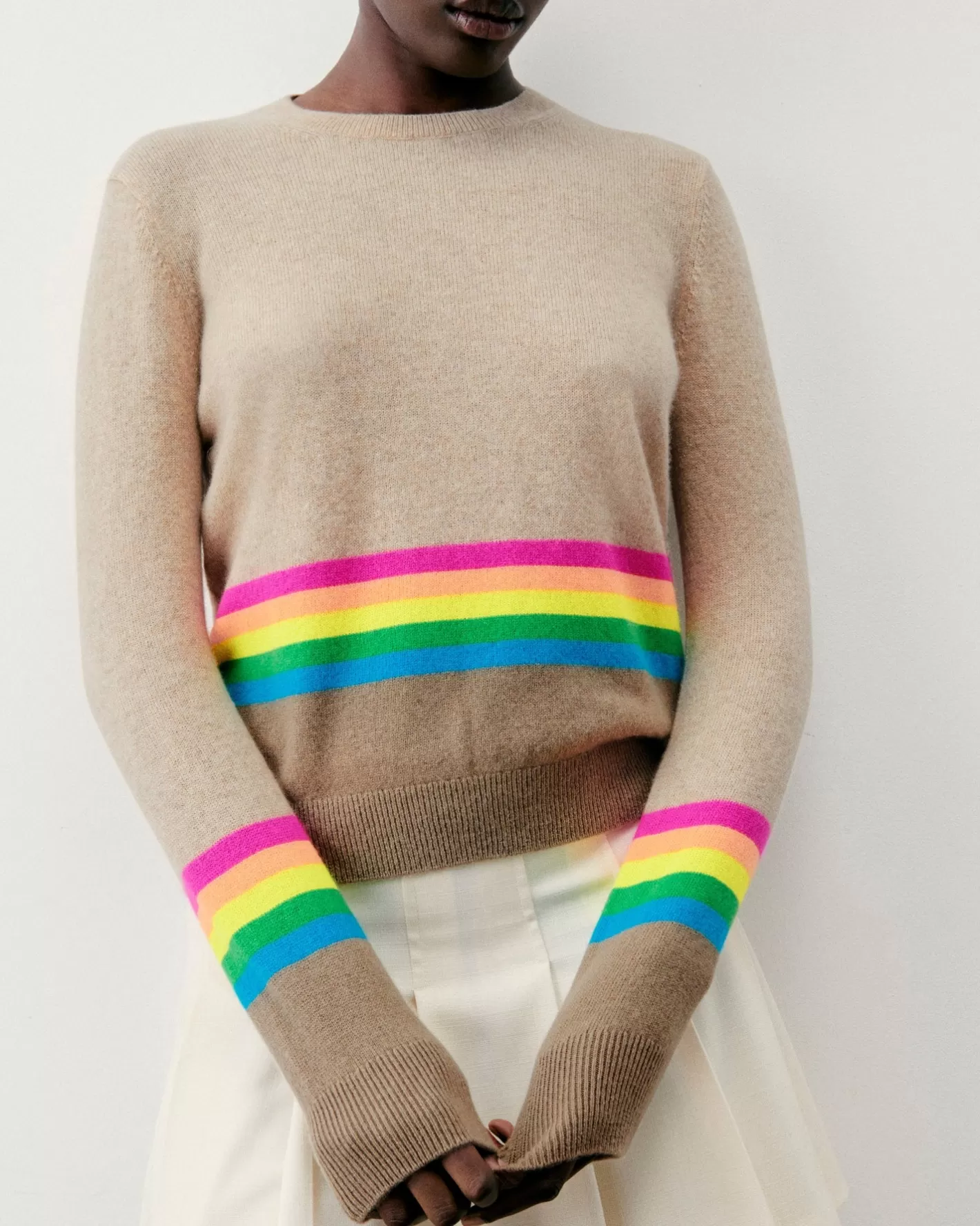 FROM FUTURE Pulls En Cachemire | Cols Ronds Cachemire | Pull Col Rond Bas à Bandes Multicolores Beige Chiné