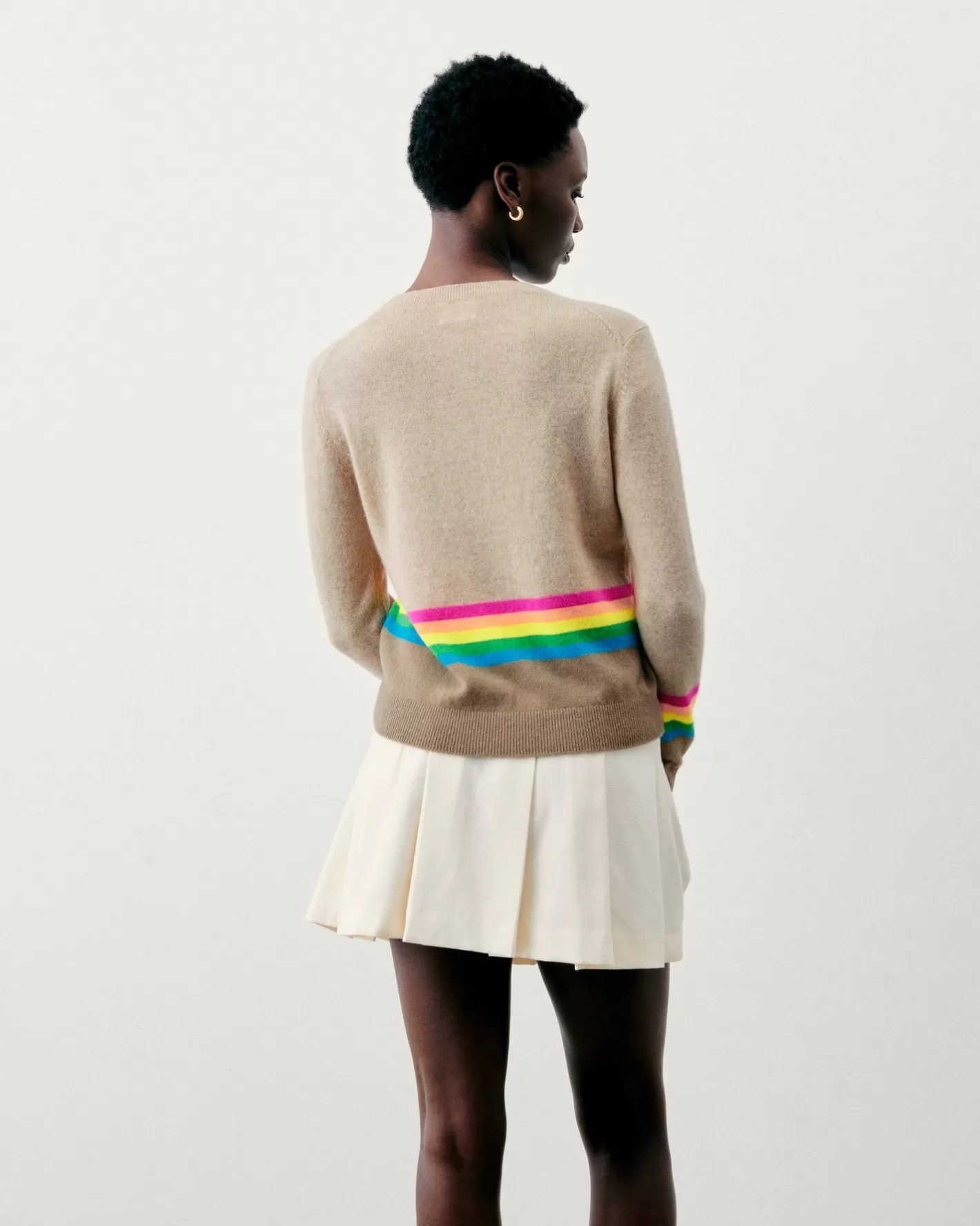 FROM FUTURE Pulls En Cachemire | Cols Ronds Cachemire | Pull Col Rond Bas à Bandes Multicolores Beige Chiné