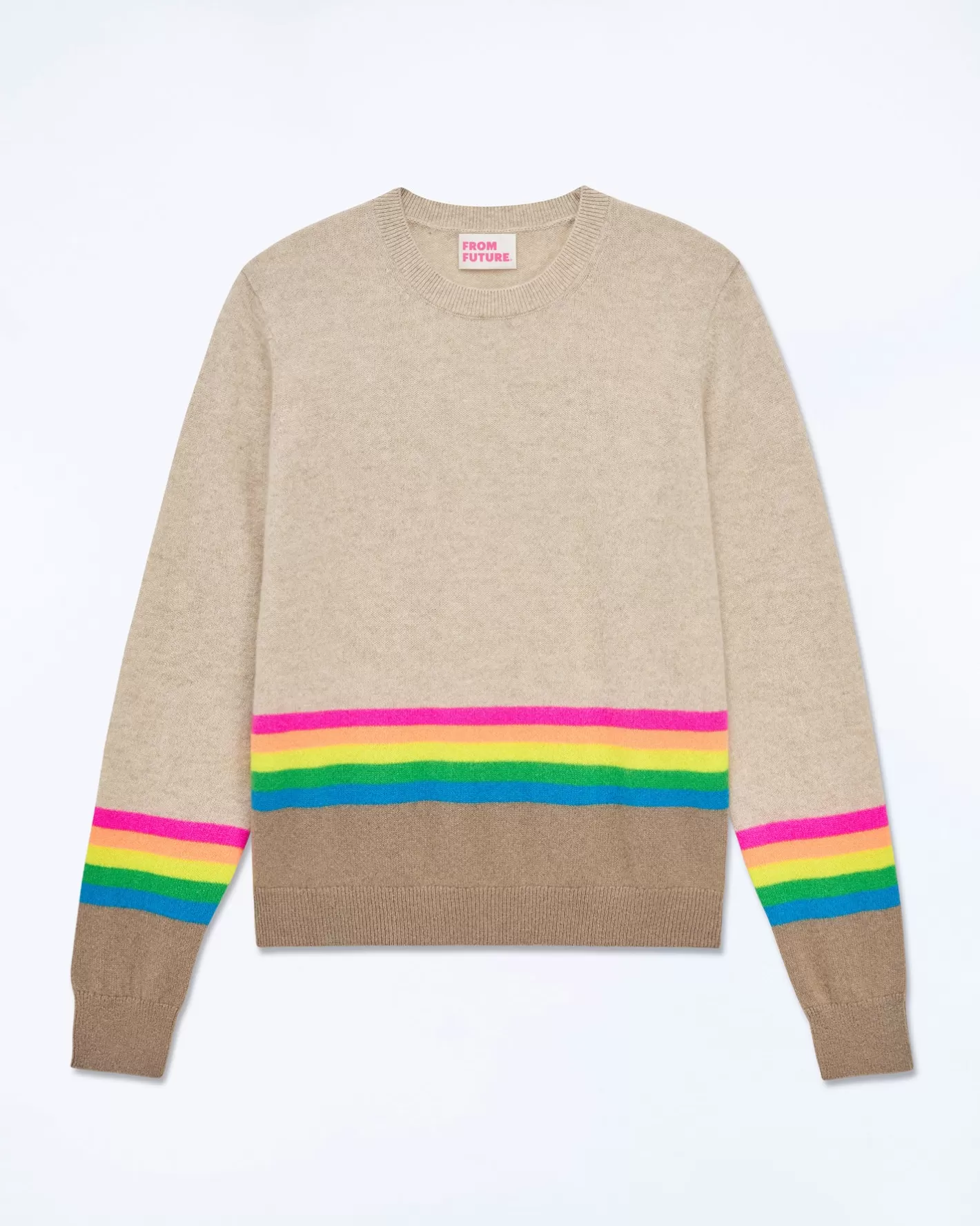 FROM FUTURE Pulls En Cachemire | Cols Ronds Cachemire | Pull Col Rond Bas à Bandes Multicolores Beige Chiné