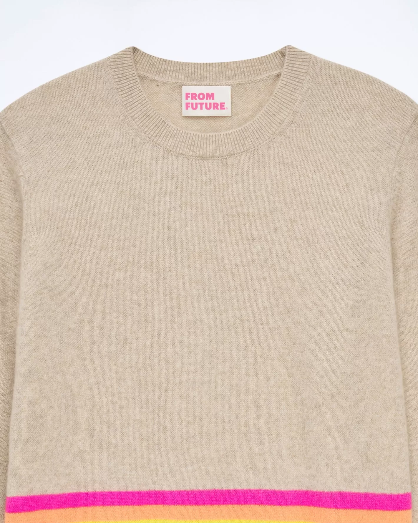FROM FUTURE Pulls En Cachemire | Cols Ronds Cachemire | Pull Col Rond Bas à Bandes Multicolores Beige Chiné