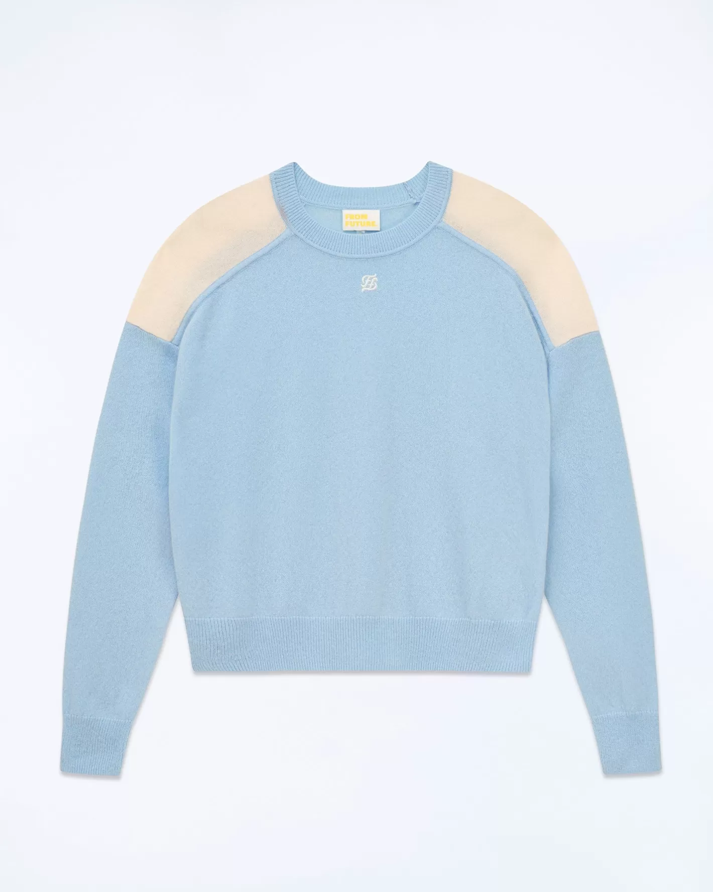 FROM FUTURE Pulls En Cachemire | Cols Ronds Cachemire | Pull Col Rond Bicolore Et Broderie Baby Blue