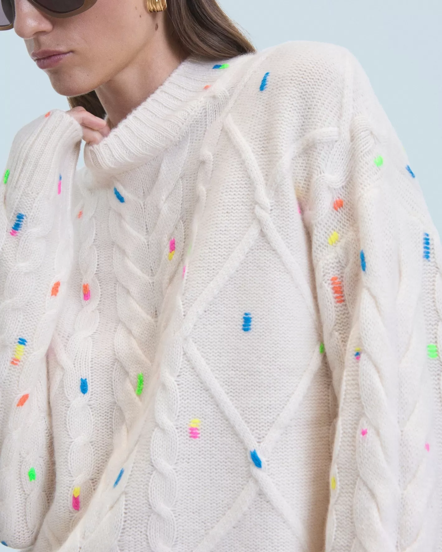 FROM FUTURE Pulls En Cachemire | Cols Ronds Cachemire | Pull Col Rond Torsades Multicolore Ecru