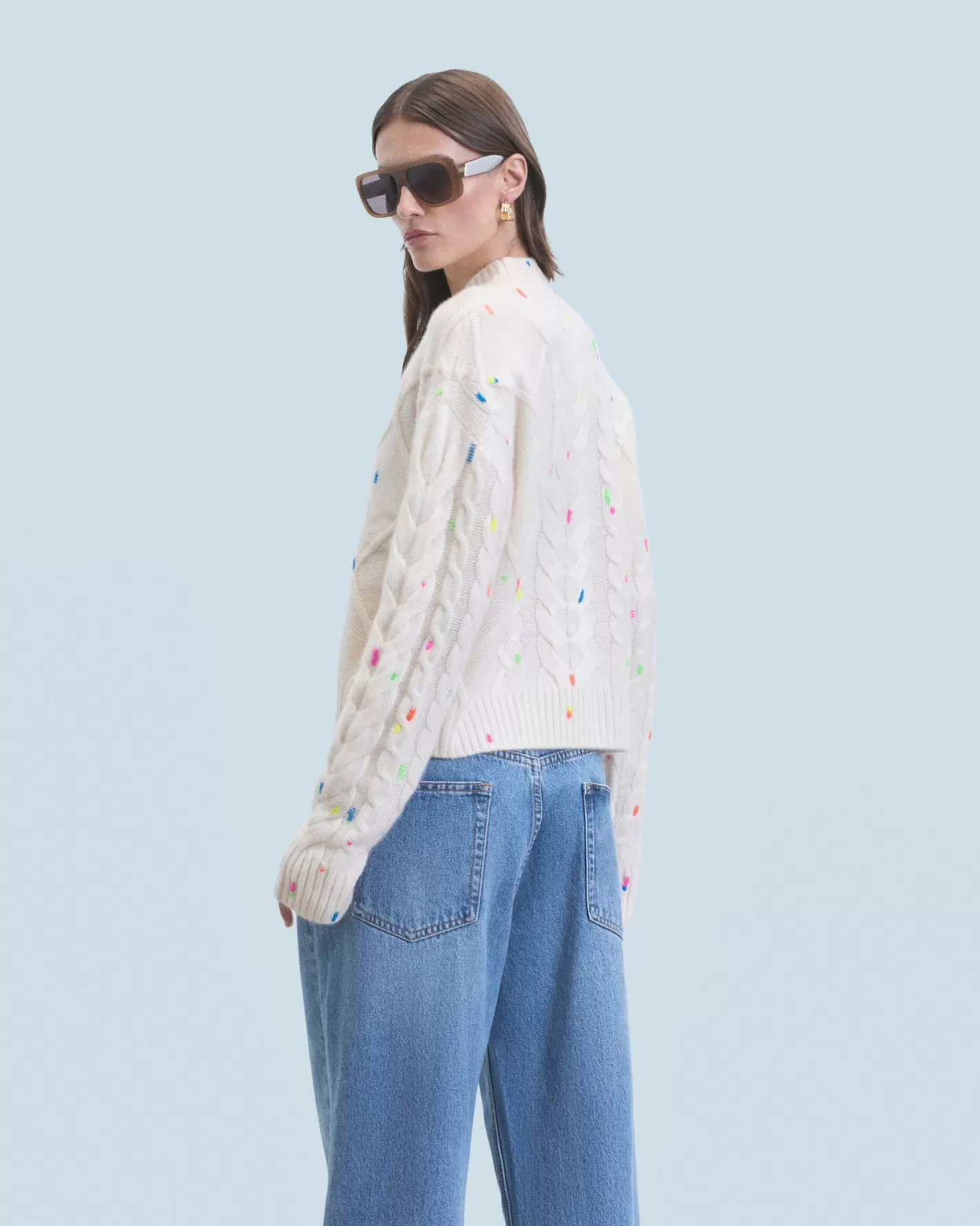 FROM FUTURE Pulls En Cachemire | Cols Ronds Cachemire | Pull Col Rond Torsades Multicolore Ecru