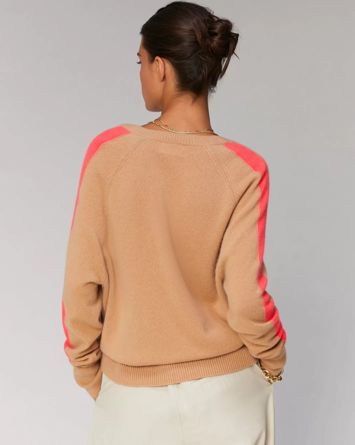 FROM FUTURE Pulls En Cachemire | Cols V Cachemire | Pull Col V Oversize Bandes Bicolore Léger Rose Poudre
