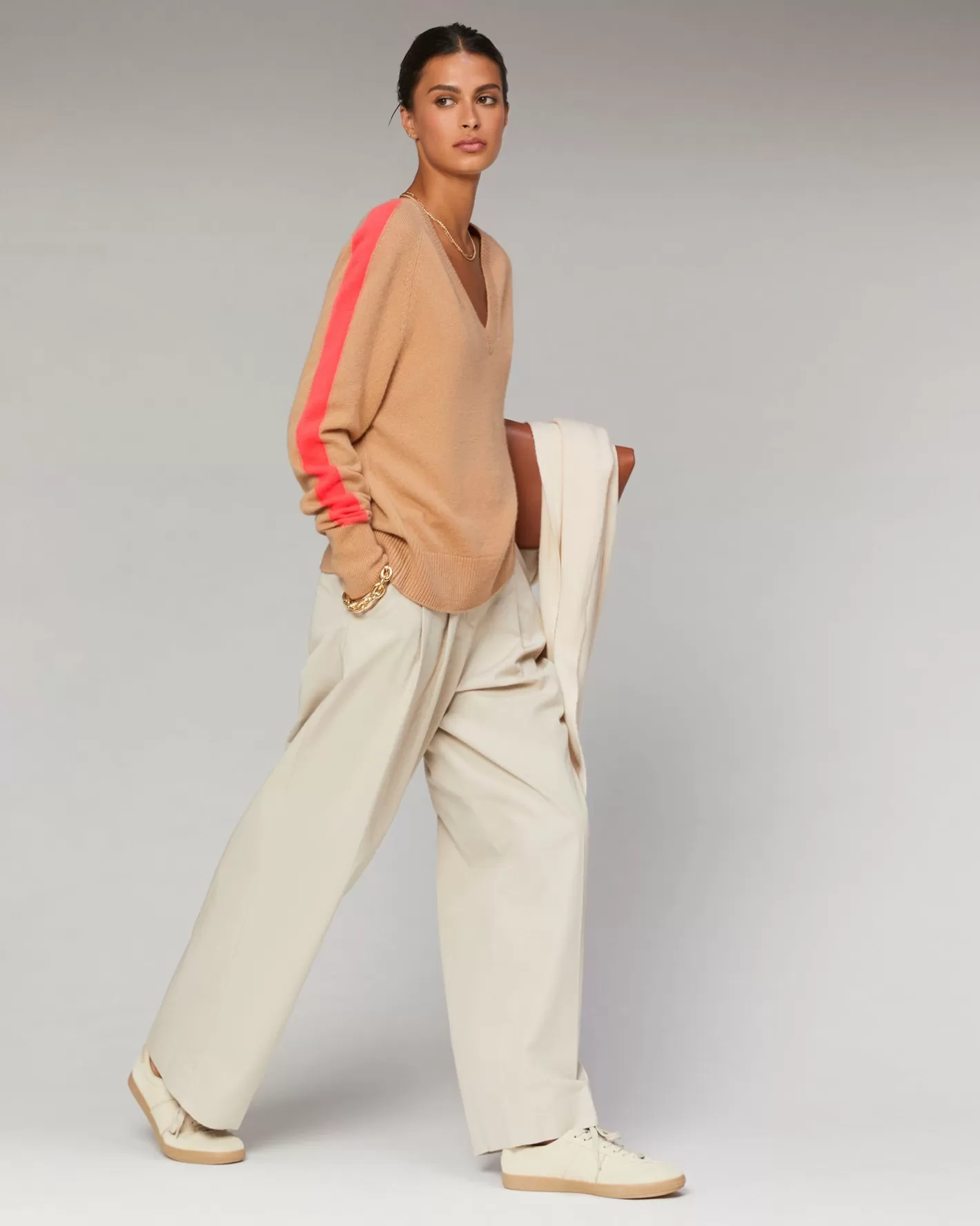 FROM FUTURE Pulls En Cachemire | Cols V Cachemire | Pull Col V Oversize Bandes Bicolore Léger Rose Poudre