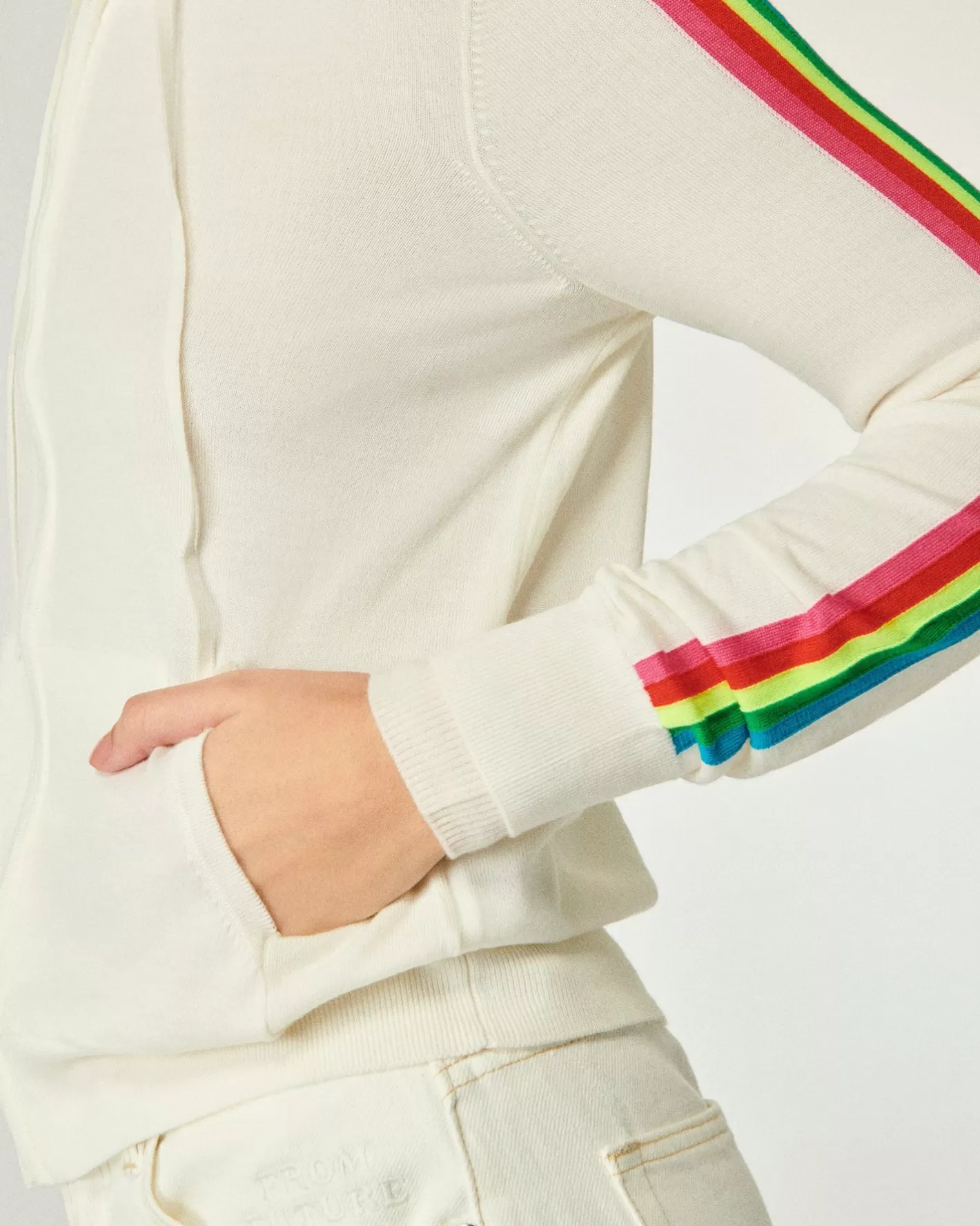 FROM FUTURE Pulls En Laine Mérinos | Pull Hoodie Zippé Bande Multicolore Ecru