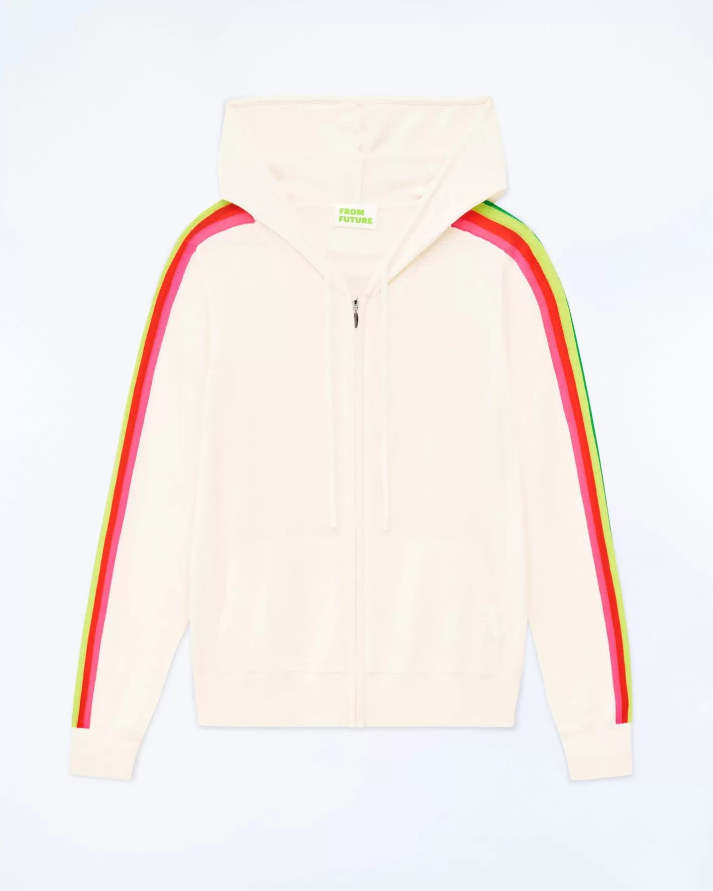 FROM FUTURE Pulls En Laine Mérinos | Pull Hoodie Zippé Bande Multicolore Ecru