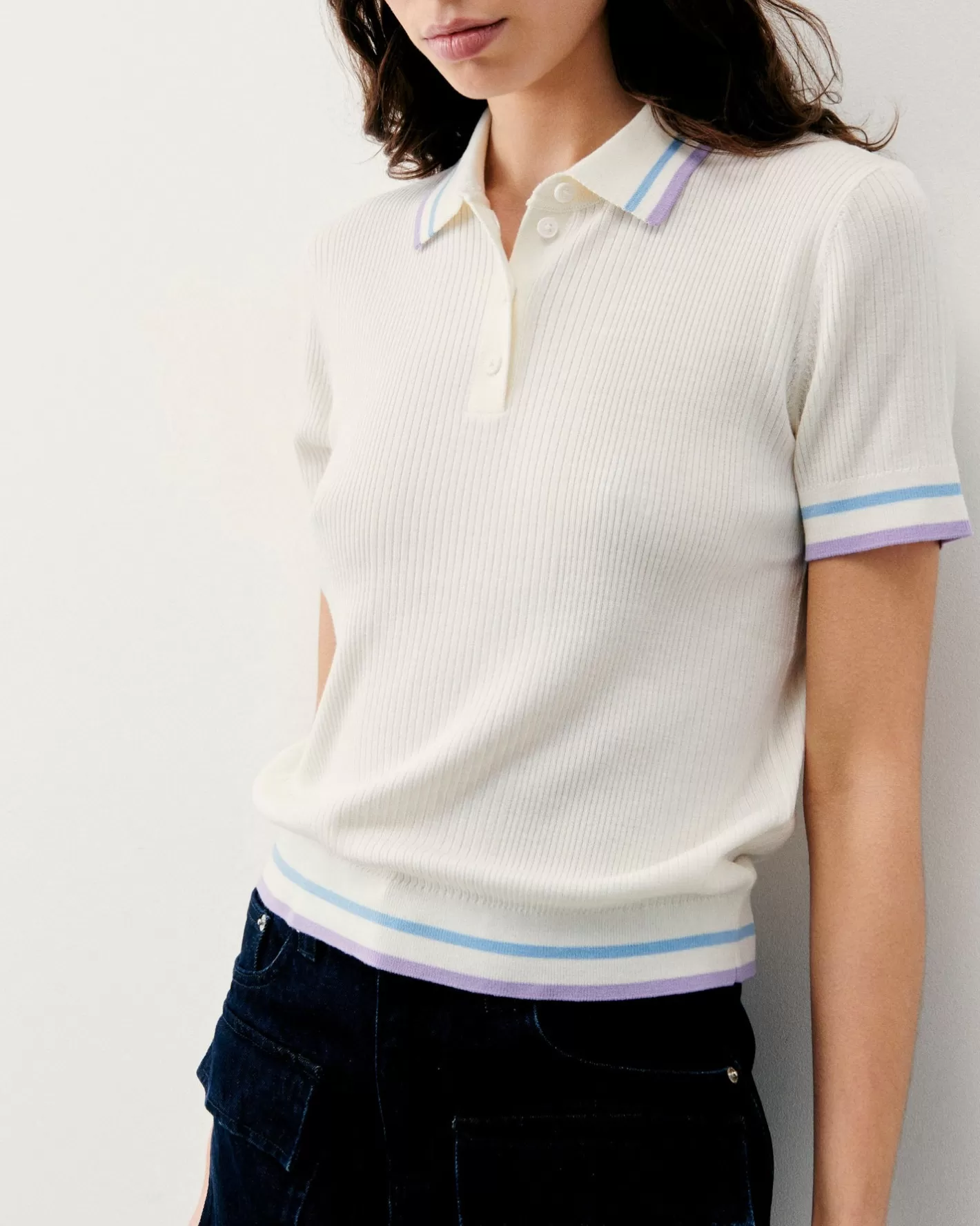FROM FUTURE Chemises, T-Shirts & Tops | Top Manches Courtes Bandes Bicolores Ecru